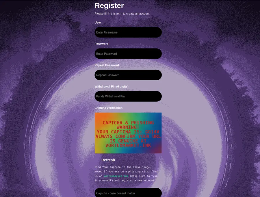 Vortex market login interface showing PGP 2FA verification screen